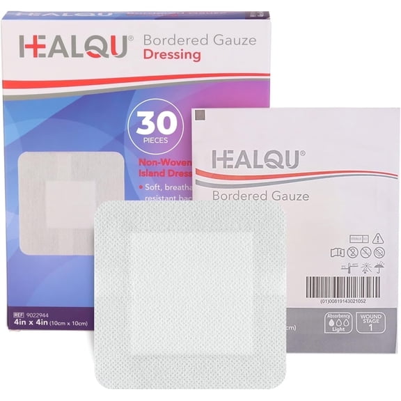 HEALQU Island Dressing 4x4" - 30 Sterile Bordered Gauze Pads, Individually Wrapped, Water-Resistant, Soft & Breathable Wound Dressing for First Aid