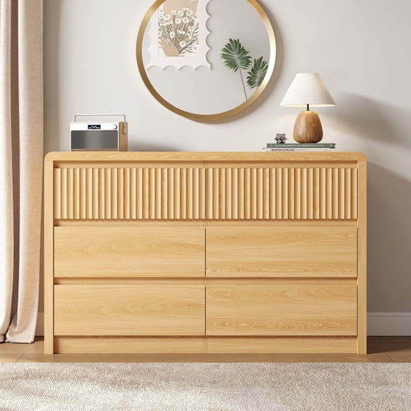 ASTUVIA 6 Drawers Dresser for Bedroom, 49.2" W Modern Chest of Drawers with Curved Profile Design, Mid Century Fluted Storage Dressers Organizer,Natural