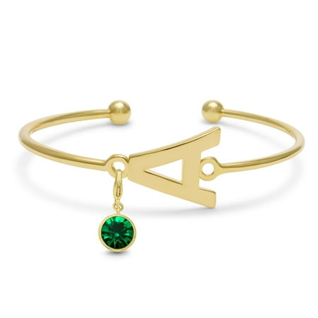 Emerald Gemstone Bangle Bracelet - Initial Bangle Bracelet With Emerald Crystal Birthstone, For May Babies