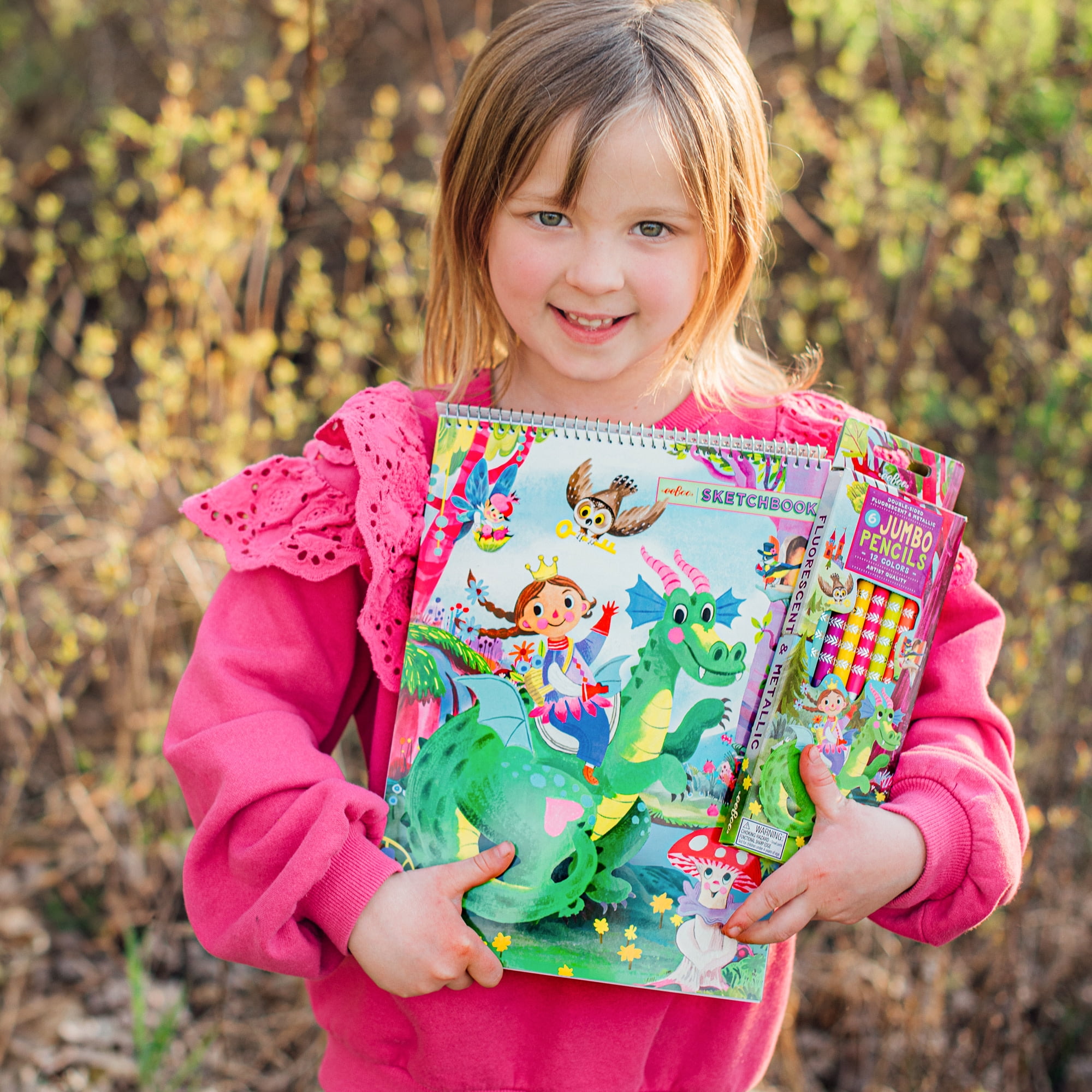 eeBoo: Jumbo Double-Sided Colored Pencils – Fairytale Dragon - 6pc, 12 Metallic & Fluorescent Colors, Sharpener, Chunky Foil Barrel, Kids Art Supplies