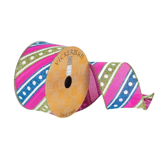 Vickerman 2.5" x 10 Yards Fuchsia, Blue and Green Stripe Dots Christmas Ribbon