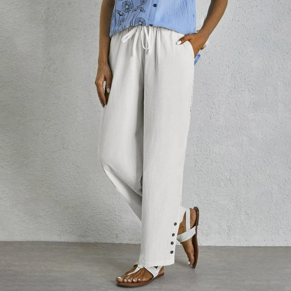 Women Cotton Linen Drawstring Casual Pants Loose Fit Elastic Waist Button Trouser Beach Wide Leg Pant with Pockets