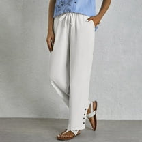 Women Cotton Linen Drawstring Casual Pants Loose Fit Elastic Waist Button Trouser Beach Wide Leg Pant with Pockets