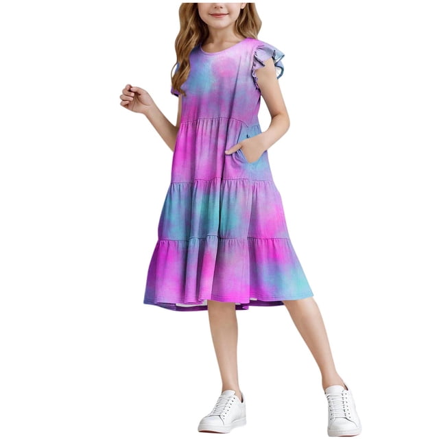 ZACPNCV Robe Fille Manches à Volants à Étages Évasée Ligne A Mignonne Midi Décontractée Robe d'Été Violet 5-6 Ans