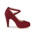 thumbnail image 3 of BLISSFUL STEP Women's Shoes Platform Round Toe Cross Strap Buckle Closure Stiletto Heel  Mary Jane Pumps Burgundy 7, 3 of 7