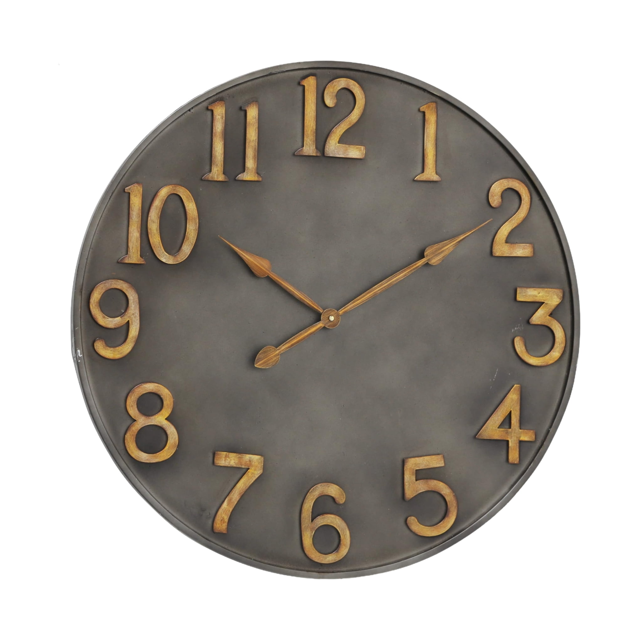 Industrial Modern Wall Clock, Pewter Grey Metal, Antique Gold Numerals, Quartz, 19.75 In