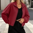 thumbnail image 5 of FRSASU Women's Cropped Zip‑Up Jacket Stand Collar Geometric Jacquard Casual Drop Shoulder Bomber Coat Red, 5 of 9