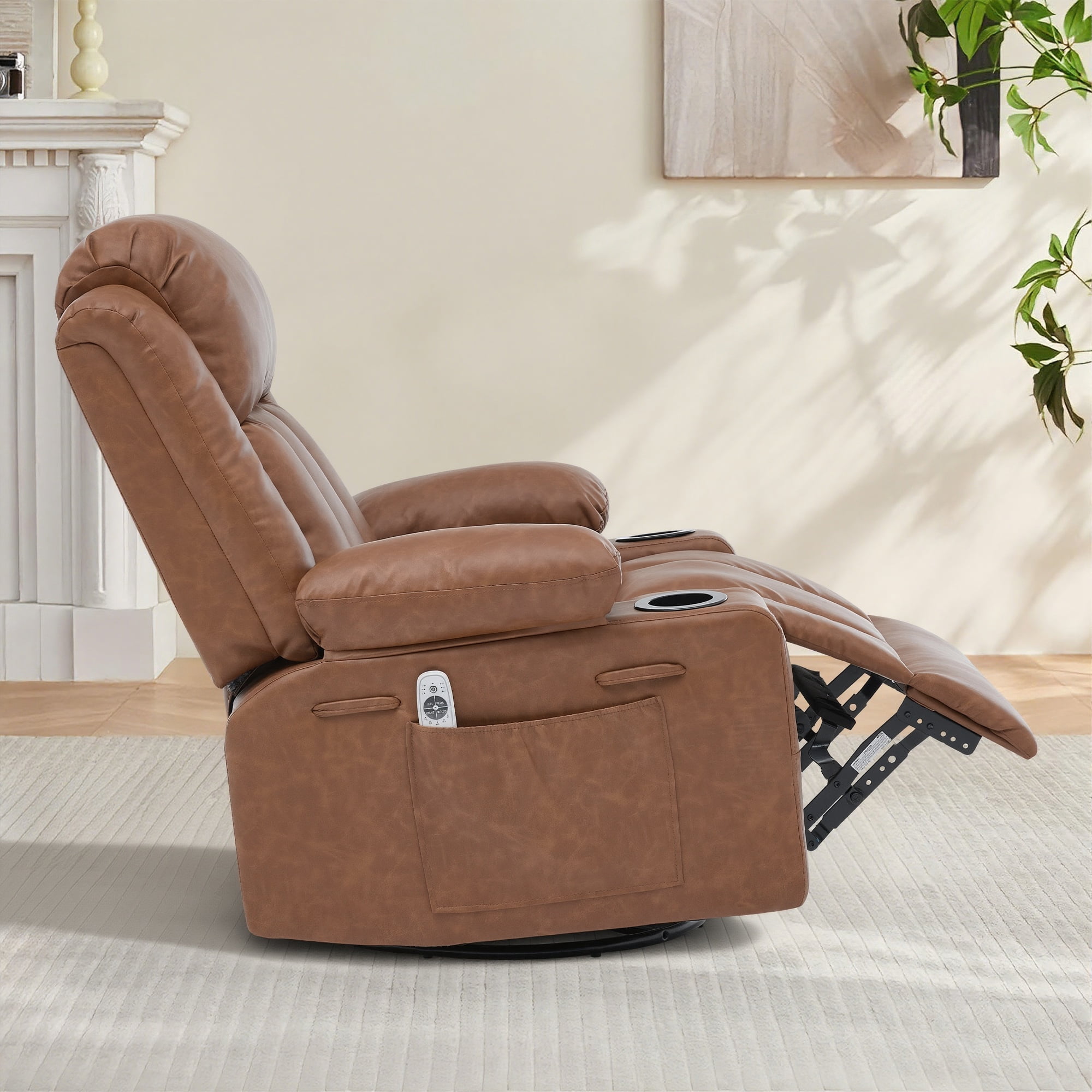 GAOHAPY Rocker Recliner Chair with Heat and Massage,360°Swivel Recliner Chair for Adults Elderly,Oversized Recliner Single Sofa Seat with 2 Cup Holders and Side Pocket(Brown)