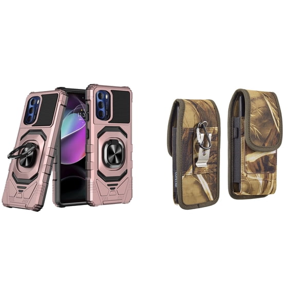 Case with Belt Holster Bundle for Moto G Stylus 5G 2022: Heavy Duty Shield Cover (Rose Gold) and Vertical Rugged Nylon Phone Pouch (Camo)