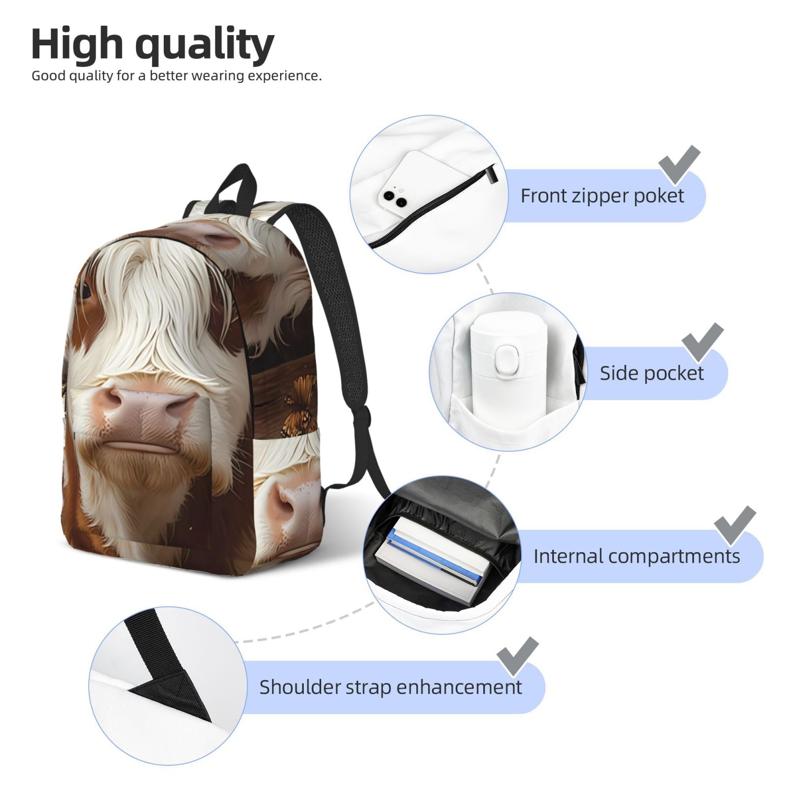 Vsdgher Cow With Butterflies Print Canvas Backpack Travel Rucksack Unisex Knapsack 15.7/17.7Inch Laptop Backpack for Work,College -Medium