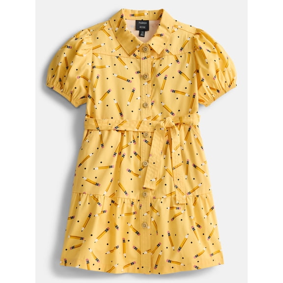 Parker Rose Girls Button Front Tie Waist Dress with Puff Sleeves, Sizes 4-18