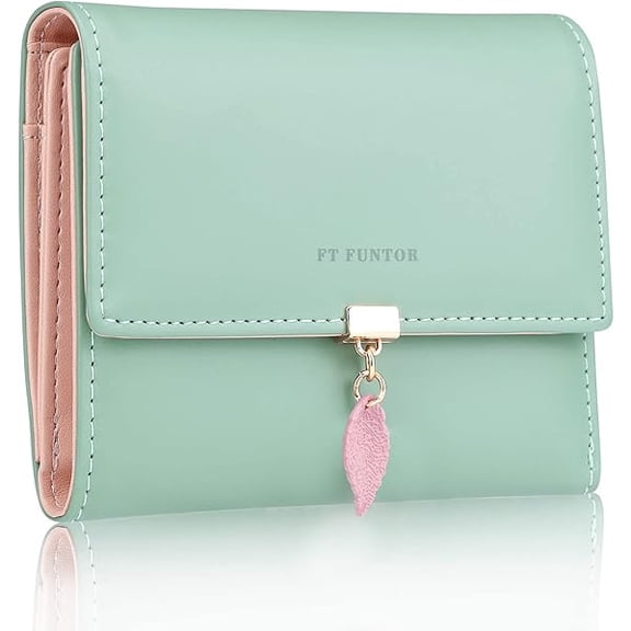 ZC RFID Wallets for Women, Leaf Card Holder Trifold Ladies Wallets Coins Zipper Pocket with ID Window Green