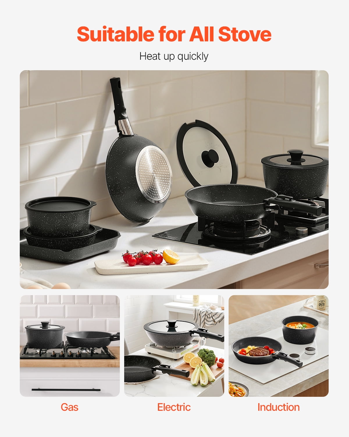 VEVOR 17 Piece Pots and Pans Set, Granite Nonstick Detachable Handle Cookware, Space Saving Induction Cookwares, Kitchen RV Cooking Sets with Frying, Sauce, Saute,Tempered Glass Lid,Oven Safe,Black