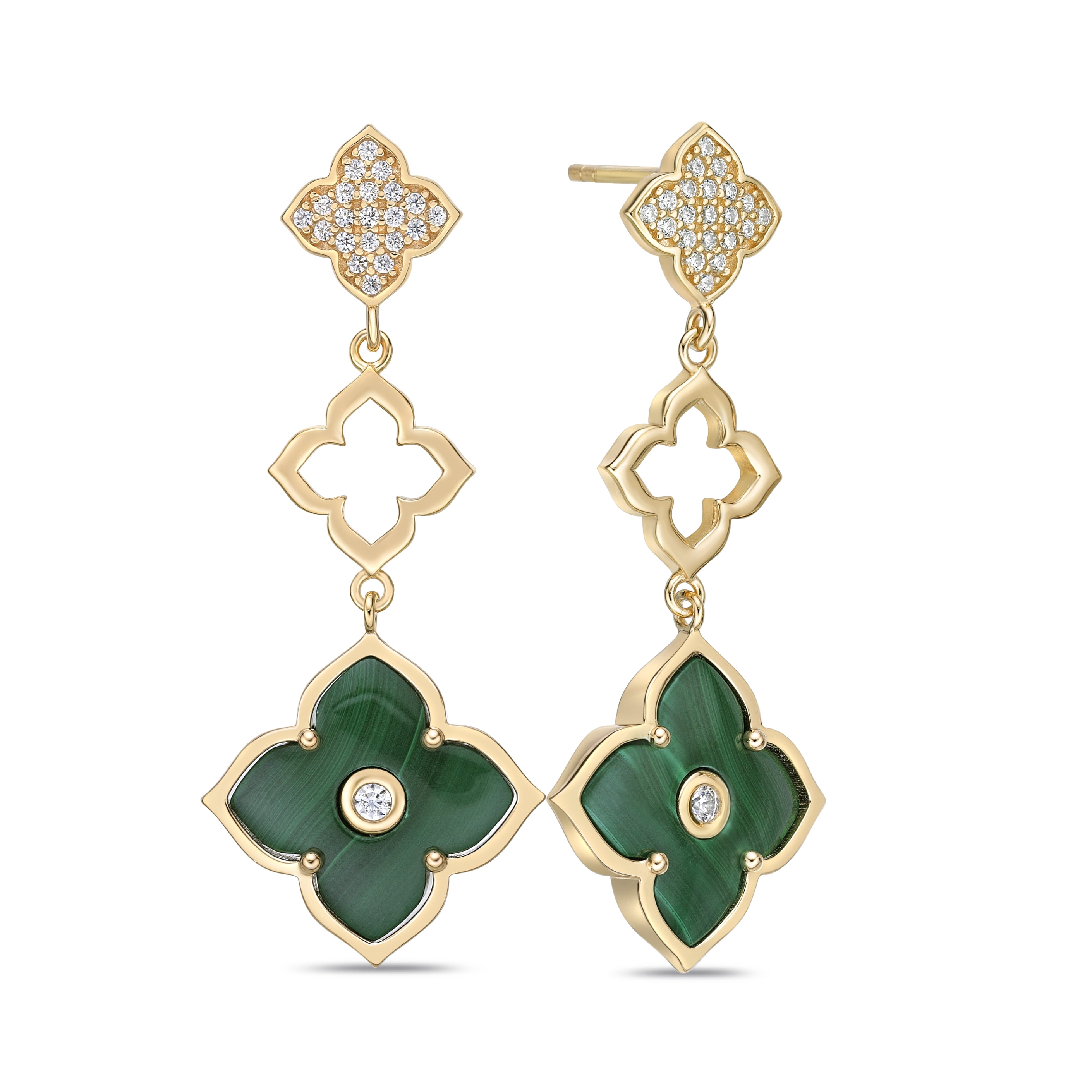 Malachite Three Flower Drop Dangle Earrings for Women with Cubic Zirconia in 925 Sterling Silver with Yellow Gold Plating Push Back by Lavari Jewelers