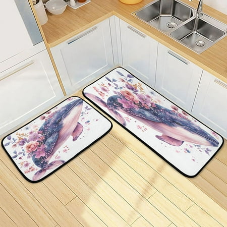 

Kitchen Rugs and Mats【2 PCS】Non Skid Floral Whale Creative Kitchen Mat