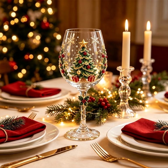 Christmas 3D Wine Glass Collection Gift Box Set, Decorative Raised Christmas Wine Glass with Snowflake Stem, Santa Tree Wreath Snowman Reindeer Holiday Drinkware and Table Decor(1PCS)