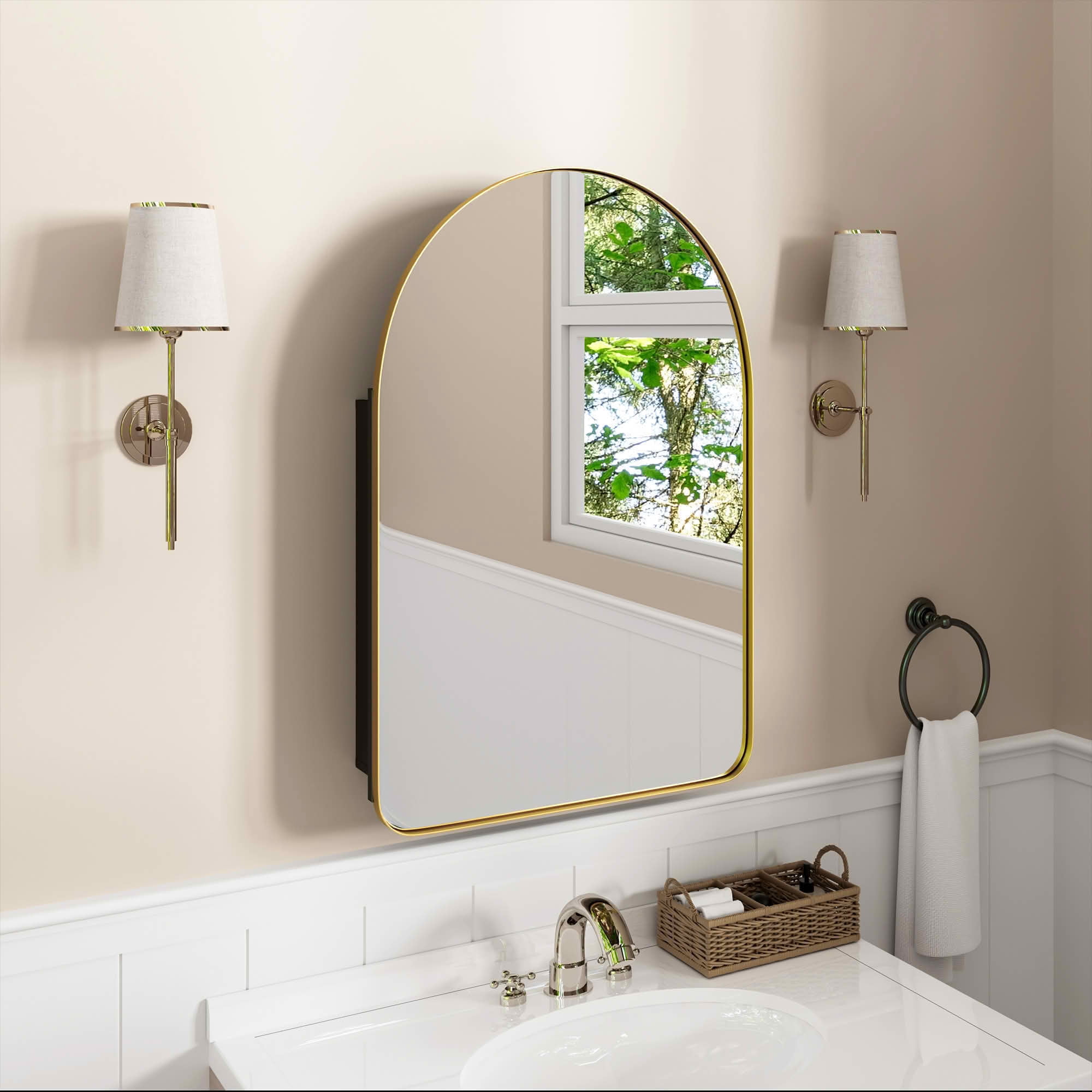 MAYEERTY 36x24x5 Inch Gold Metal Round Corner Arched Medicine Cabinet for Bathroom