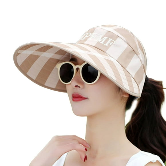 CSChome Women Summer Hat Women Summer Hat UV Long Brim Striped Print Sunscreen Adjustable Sweat Absorption Hat