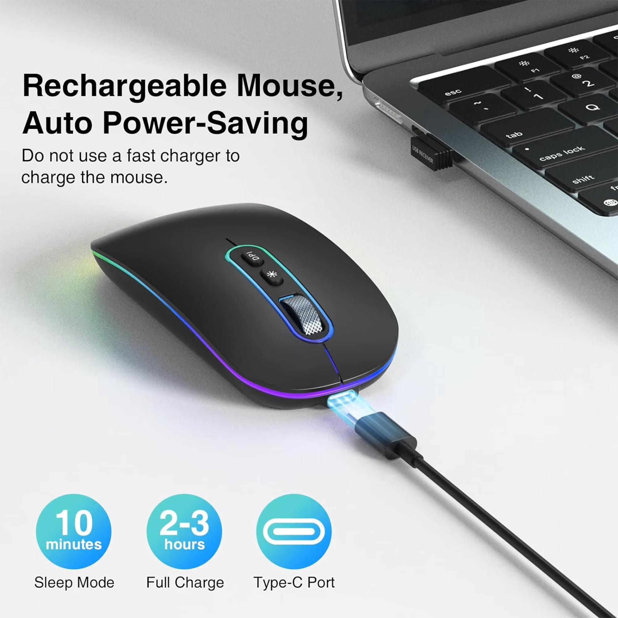 Wireless Mouse Bluetooth 5.1 2.4G Dual Mode, Rechargeable Silent Computer Mouse with 500H Battery, 3 Adjustable DPI, Slim Optical Mouse for Laptop PC Mac iPad Windows Black
