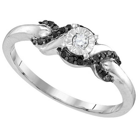 Diamond Set Crossover Ring - Size - 7 - Solid 925 Sterling Silver Round White And Black Diamond Engagement Ring OR Fashion Band Prong Set Solitaire Shaped CrossOver Ring (.15 cttw)