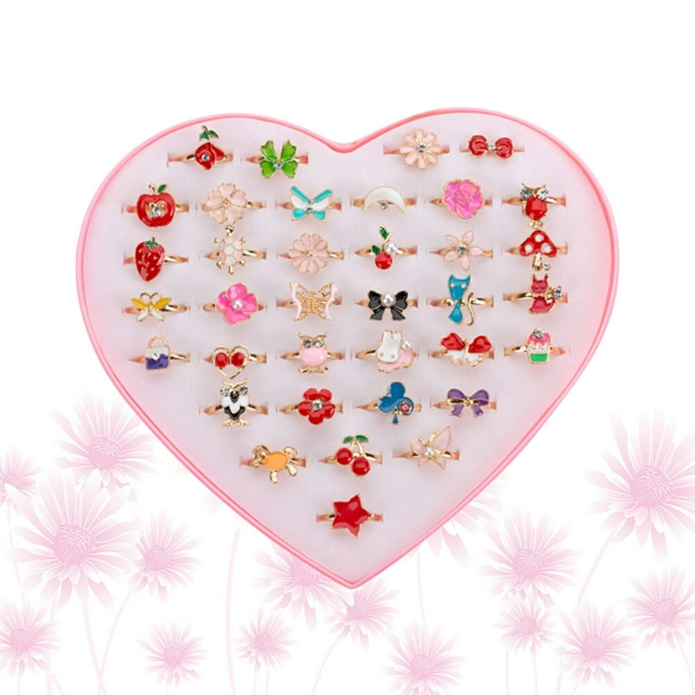 36Pcs Cartoon Kids Rings Finger Ring Girls Jewelry Toys Party Supplies for Kids Girls Mixed Style and Colors Pink