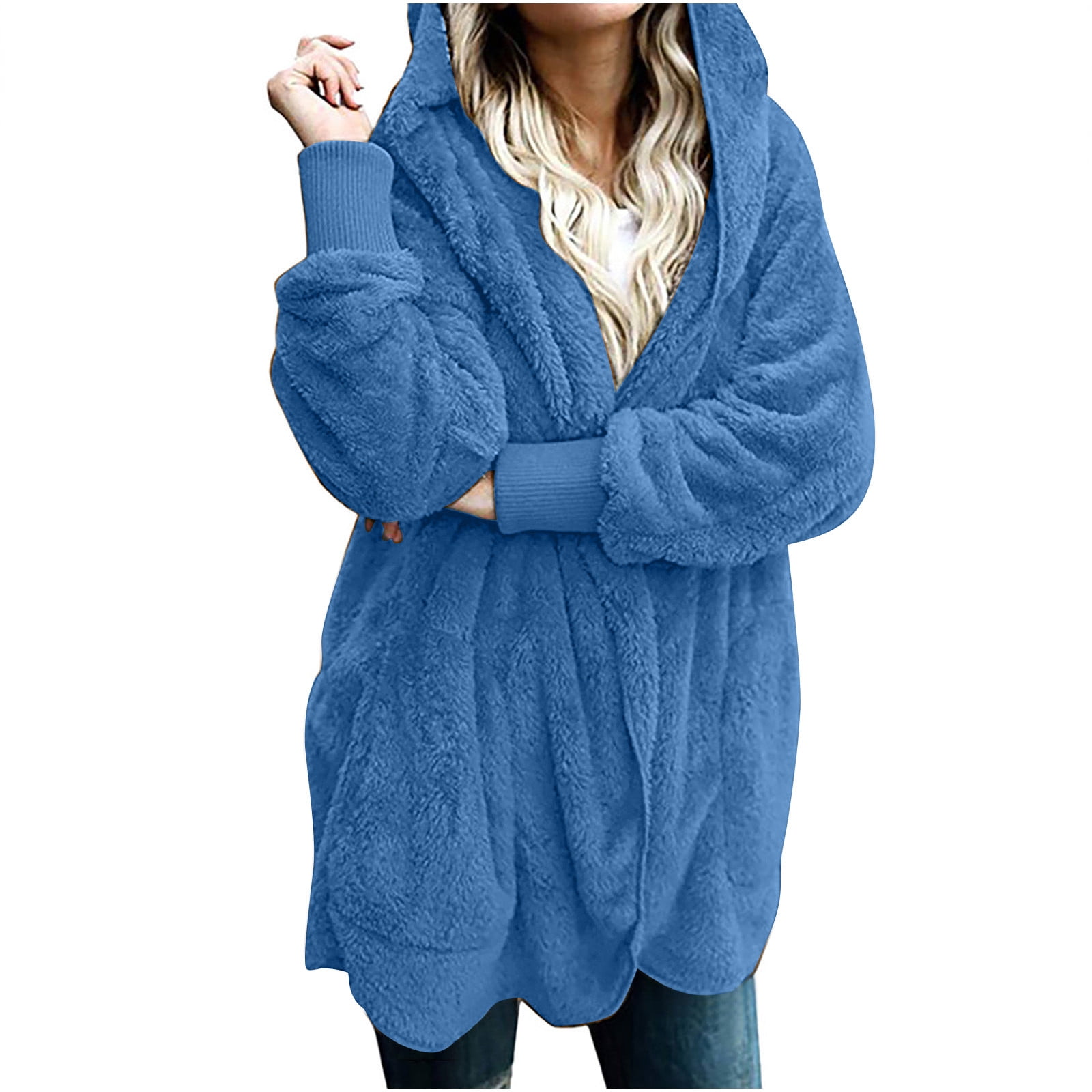 Winter Coats for Women Plus Size S-5X Fleece Long Sleeve Jackets with Hood and Pockets Ladies Casual Solid Warm Open Front Outerwear Coat