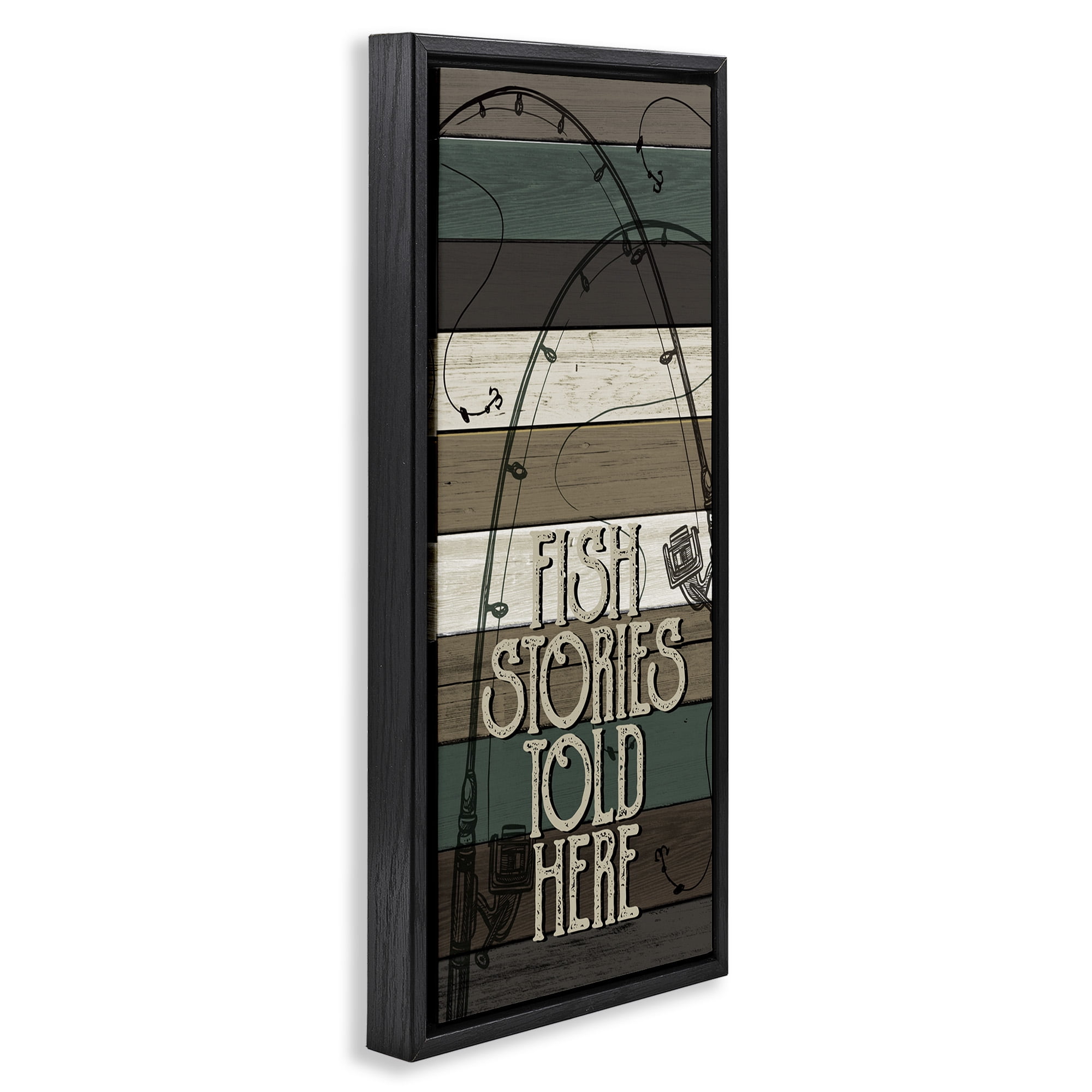 Stupell Industries Rustic Fishing Stories Phrase Inspirational Painting Black Floater Framed Canvas Art Print Wall Art, 11 x 25