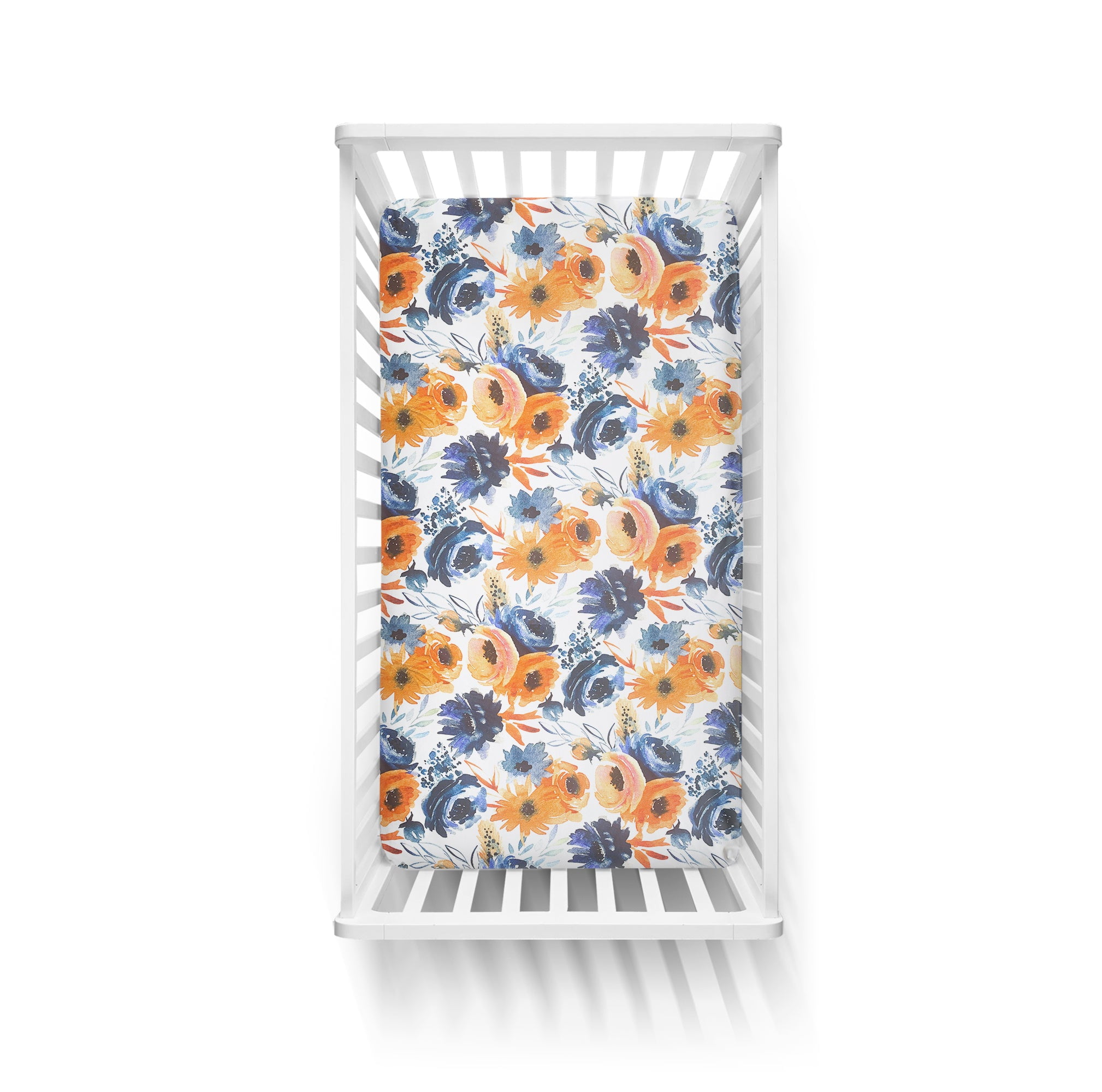 One Kind Premium Bamboo Fitted Crib Sheet for Standard Baby Cribs | Navy Orange Floral