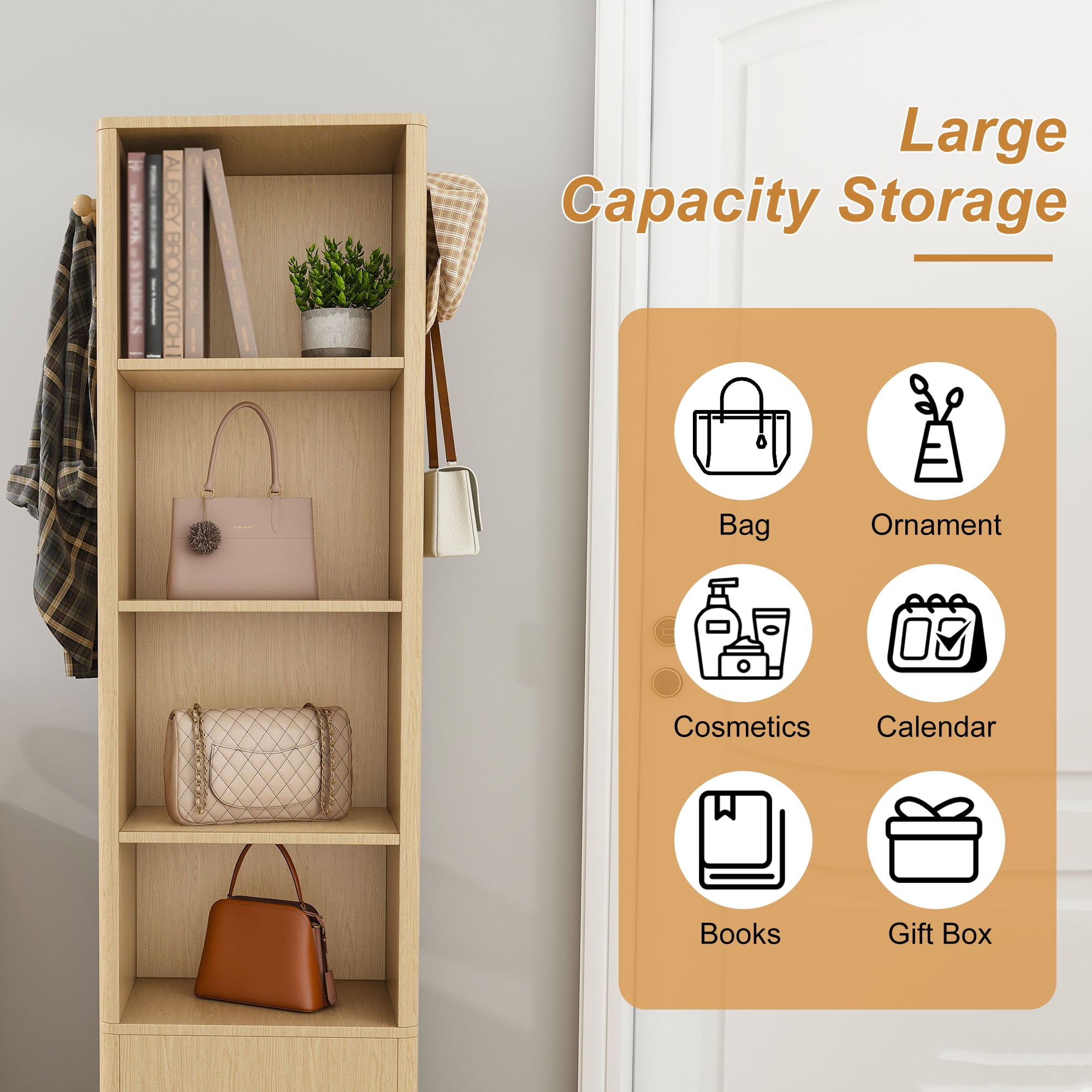 Yoneston 360° Rotating Makeup Cabinet with Full-Length Mirror, 4-in-1 Jewelry Cabinet with 4 Tier Open Shelves & Coat Rack, Standing Storage Cabinet with 2 Doors for Bedroom, Walnut