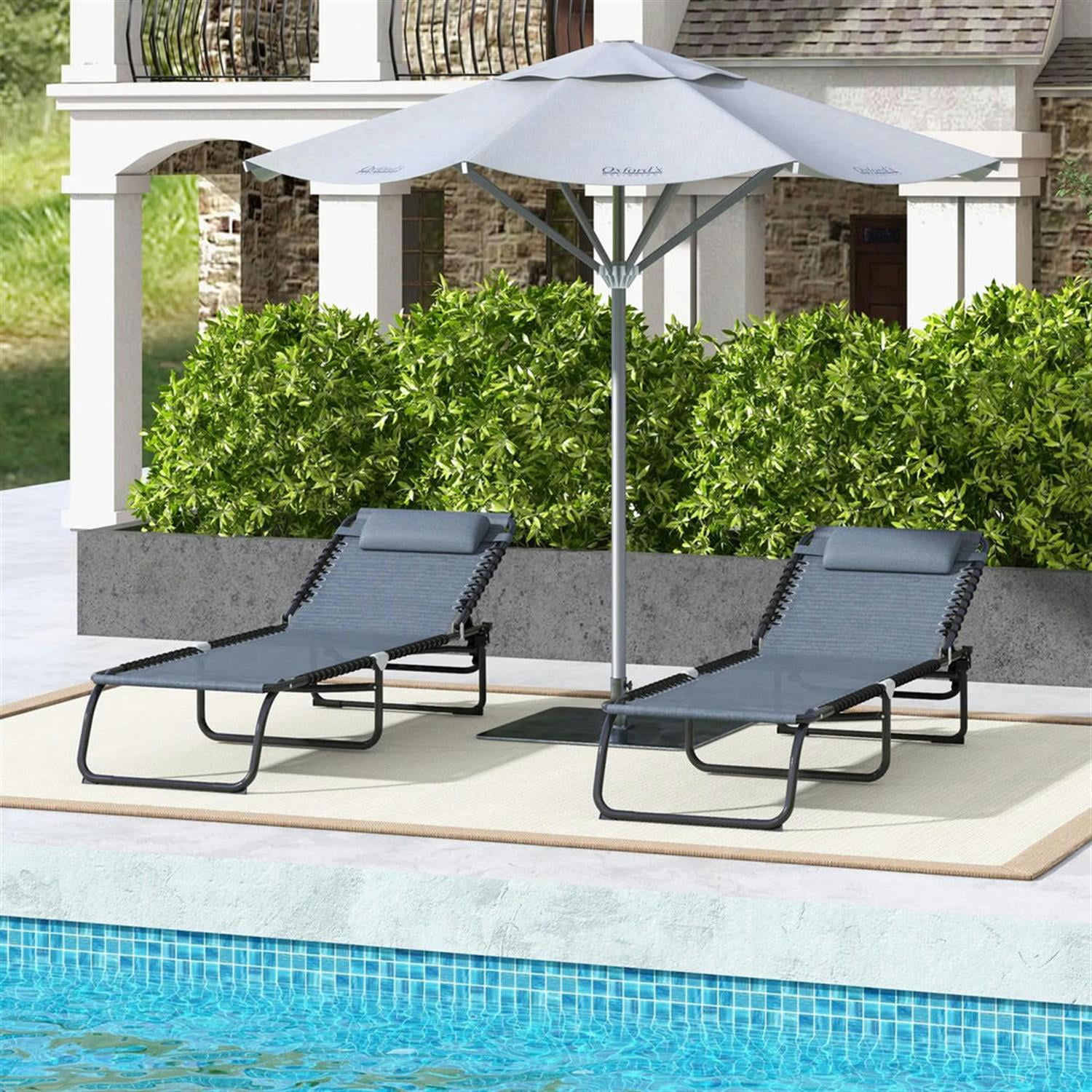Demi Bonn Outdoor Folding Chaise Lounge Chairs Set of 2 with 4-Position Reclining Pillow-Back, Breathable Mesh Seat, Bungee for Pool, Beach, Patio, Gray