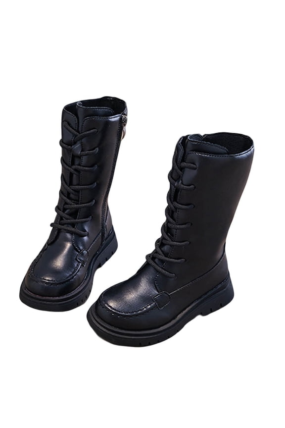 Girls Lace-Up Combat Boots with Side Zipper, Mid Calf Riding Boots - Lug Sole Dress/School Boots Toddler/Little/Big Kids PU Leather Punk Goth Booties