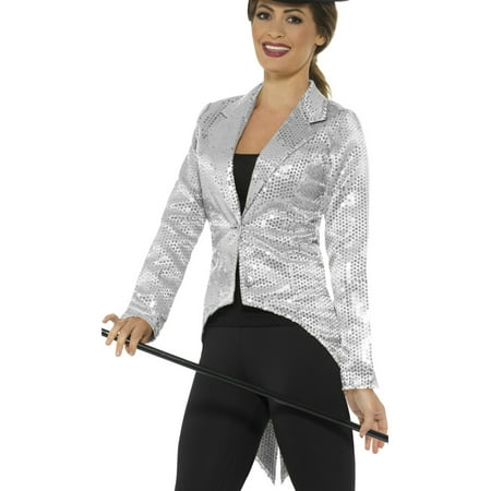 Women's Silver Sequin Magician Showrunner Tailcoat Jacket Costume Large