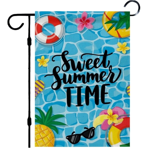Outdoor Sweet Summer Time Pool Holiday Flag 12x18 Inch Linen Garden Banner for Yard Patio Lawn Hanging Decor