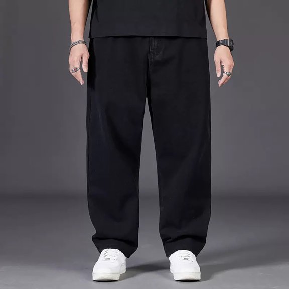 Men's Plus Size Loose Fit Straight Leg Jeans, Wide Leg Casual Denim Pants for Street Style Fashion, Comfortable and Roomy Trousers for Everyday Relaxed Wear and Urban Outfits Black L