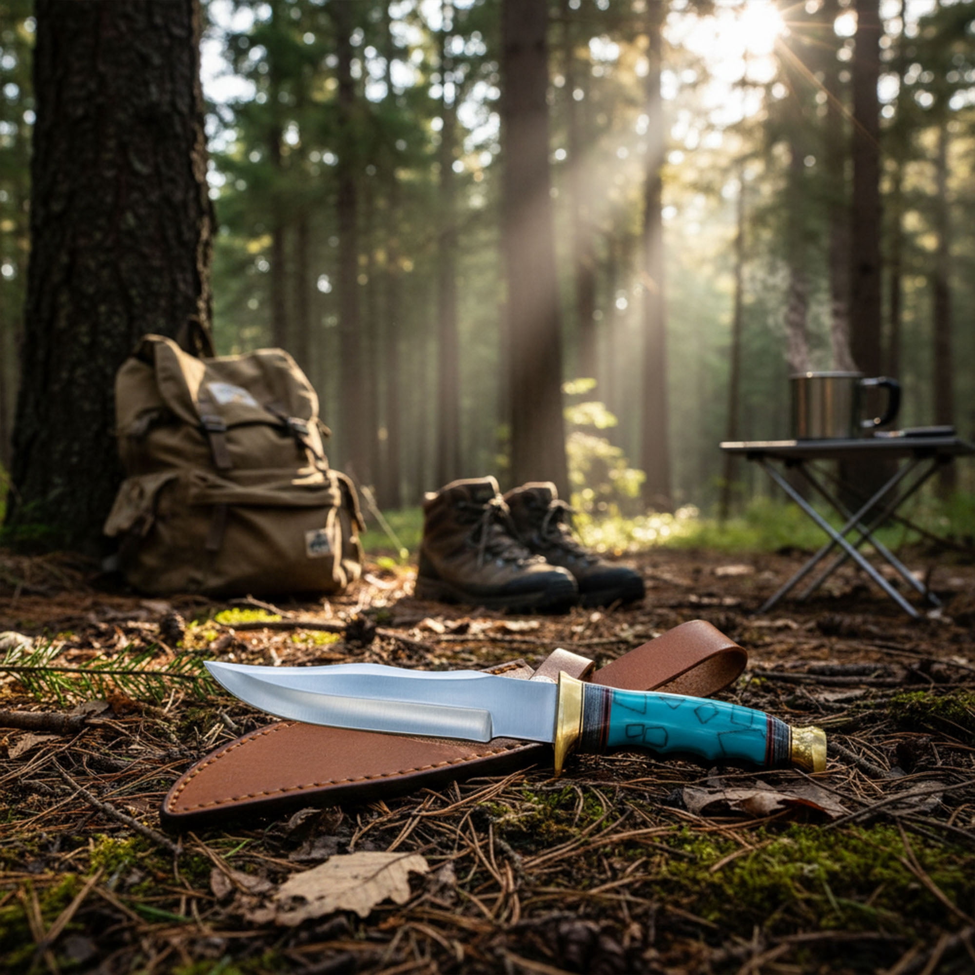 SZCO 12.25 Inch Turquoise Bowie Knife Fixed Blade Stainless Steel Blade Pakkawood Handle Brass Guard Outdoor Hunting Knife with Sheath