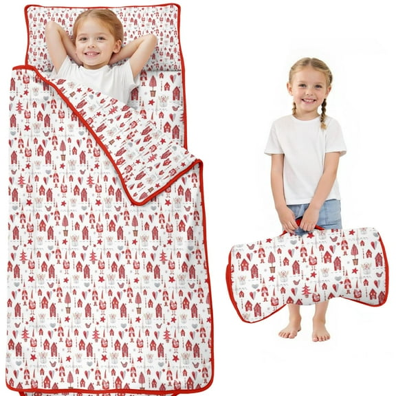 Red Christmas House and Tree Pattern Toddler Nap Mats for Kids Preschool,50"x20" Sleeping Mat Bag or Kids,Toddler Sleeping Bag,Toddler Nap Mat or Daycare