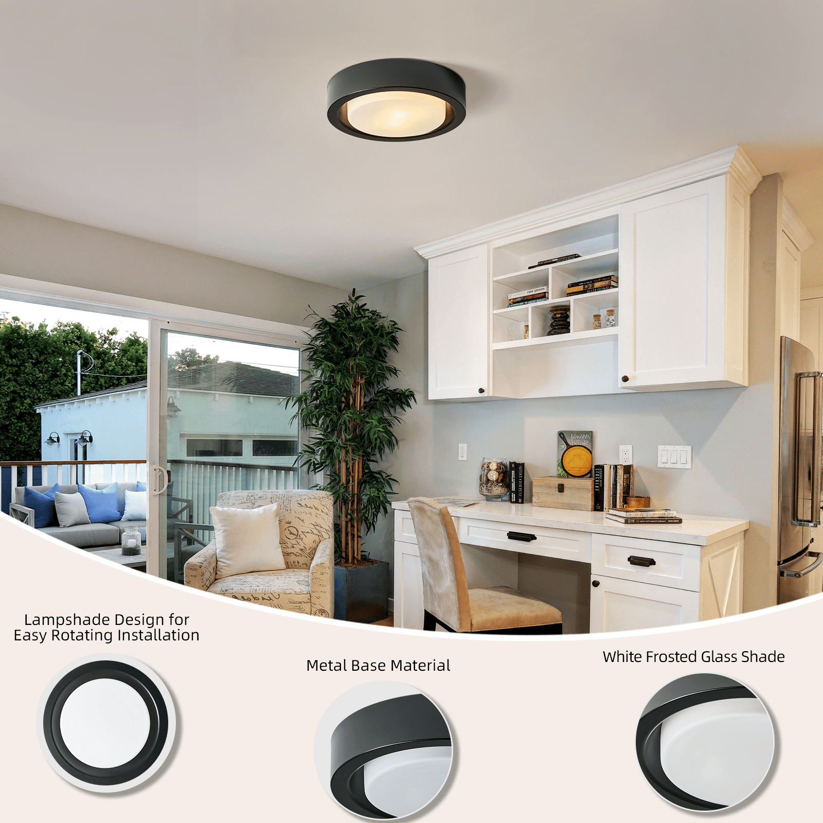 HEYAN 13 Inch Black Flush Mount Ceiling Light Fixtures Modern Round Metal Ceiling Light with White Frosted Glass Shade for Hallway Bedroom Kitchen