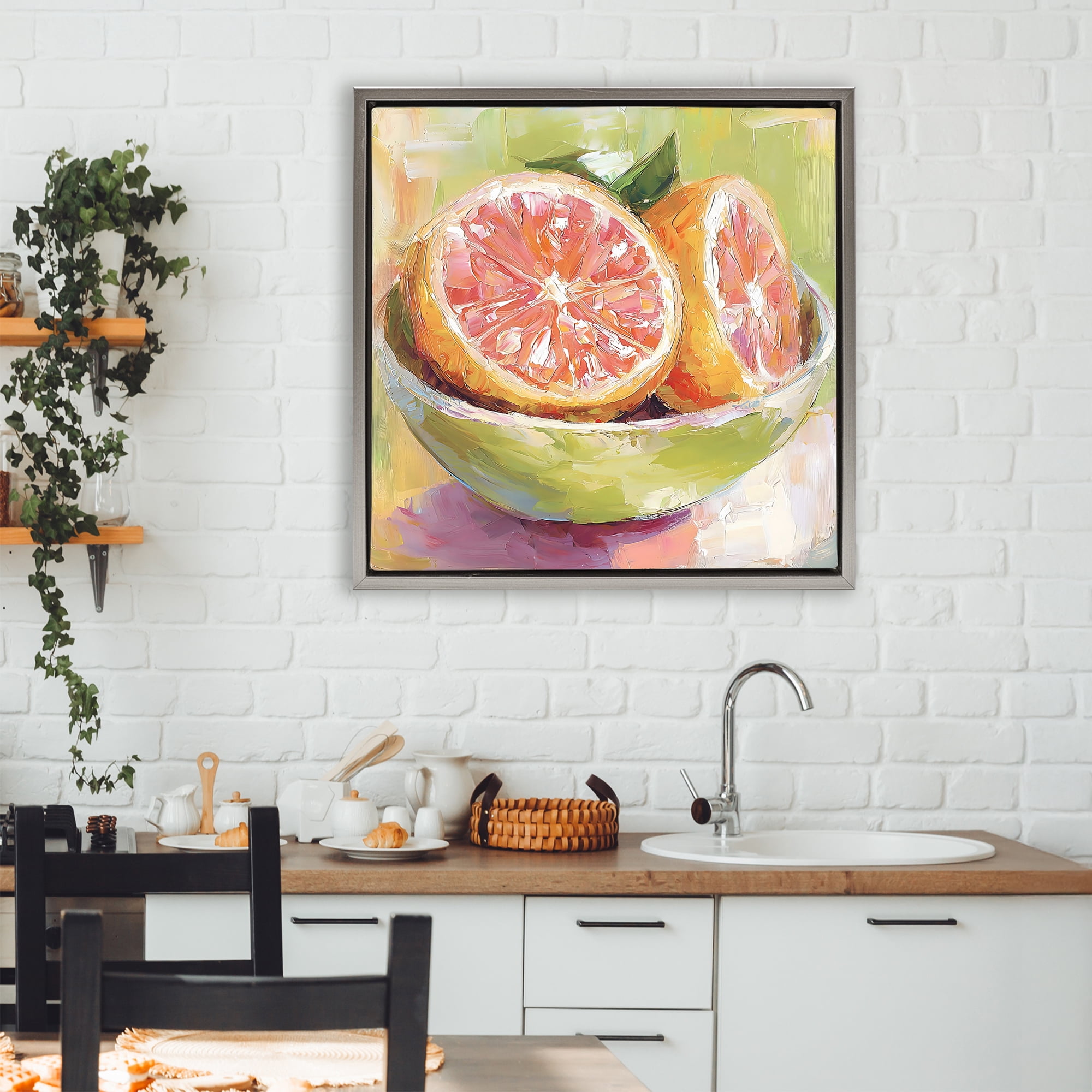 Stupell Industries Sliced Grapefruit in Bowl Gray Framed Floater Canvas Wall Art, design by Riley B