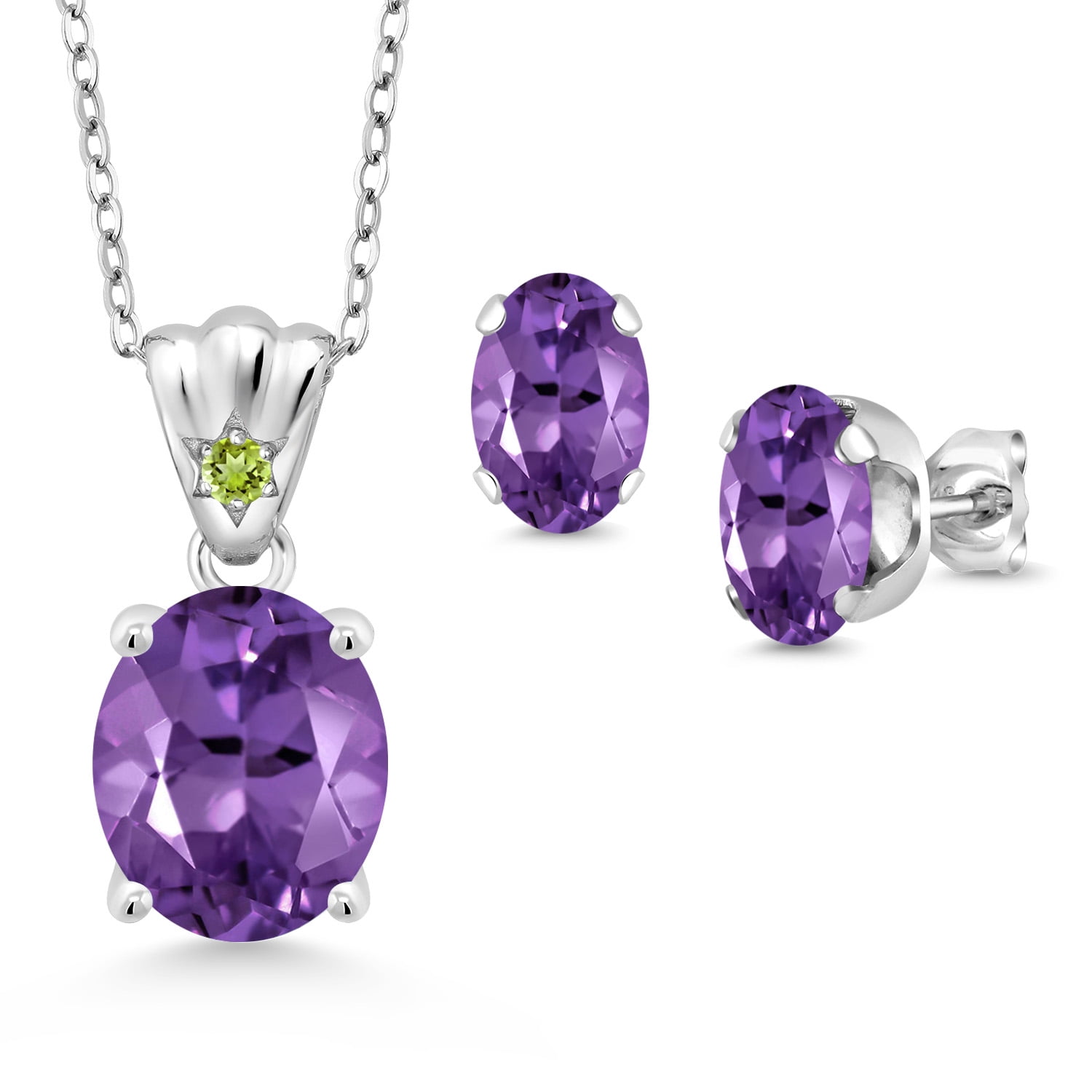 Gem Stone King 925 Sterling Silver Purple Amethyst and Green Peridot Pendant and Earrings Jewelry Set for Women (5.55 Cttw, Gemstone Birthstone, Oval 11X9MM and 8X6MM with 18 inch Silver Chain)