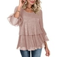 thumbnail image 4 of Busydd Womens Tops Fashion Glittery 3/4 Length Sleeve T Shirts for Women Casual Solid Color Round Neck Pleated Tiered Womens T Shirts S, 4 of 9