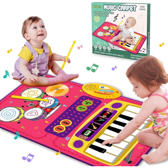 PRAGYM Piano Mat for Toddlers, 2-in-1 Baby Musical Keyboard & Drum Play Mat with 2 Sticks, Foldable Music Floor Mat, Educational Toy and Birthday Gift for 1-2 Year Old Girls and Boys, Pink