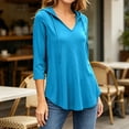 thumbnail image 4 of Women's Plus 3/4 Sleeve Tunic Tops Drawstring Hoodie V Neck Loose Fit Curved Hem Hooded Shirts to Wear with Leggings Fall Casual Outfits, Blue, XXL, 4 of 10