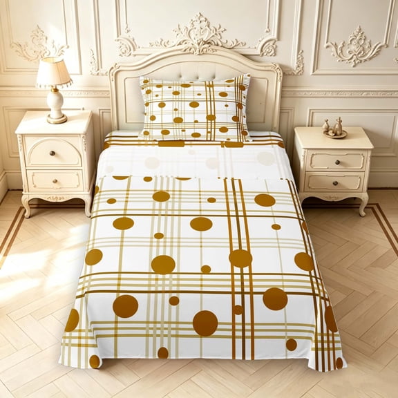 Manfei Classic Plaid Twin Sheets,Cute Polka Dot Bedding,White Brown,3-Piece,1 Flat Sheet,1 Fitted Sheet and 1 Pillowcase