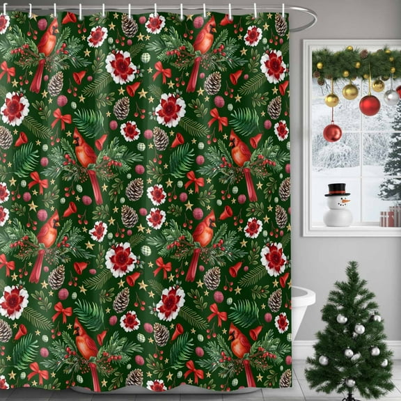 Christmas Cardinals Bird Pine Cone Shower Curtain for Bathroom, Black Red Green Waterproof Shower Curtains Washable Quick Dry with Hooks Bathtub Curtains 72x72IN