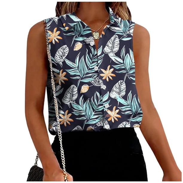 TaTaai Loose Printed Top Lightweight Soft Women's Fashion Lapel Button Sleeveless Short Sleeve Summer Casual Office Daily Blouse Gift