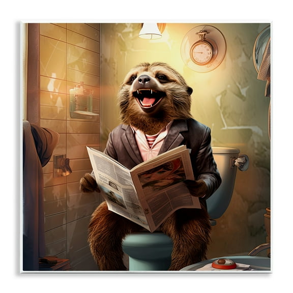 Stupell Industries Smiling Sloth on Toilet Typography Painting Unframed Art Print Wall Art, 12 x 12