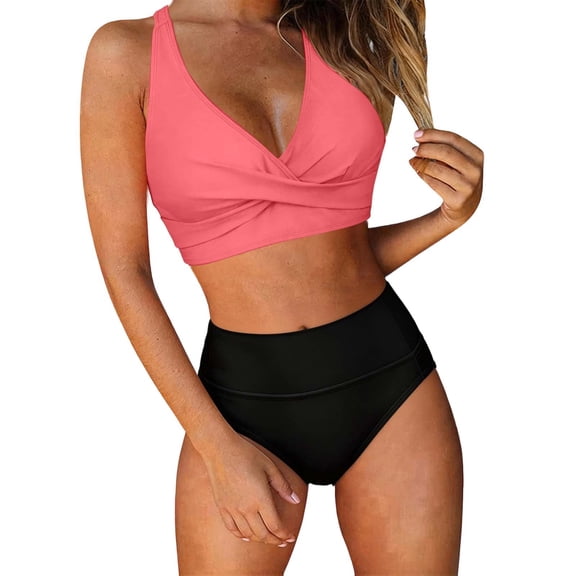 Bosfbaoi Swimsuit for Women 2-Piece High Waisted Bikini Set Twist Front Crisscross Back Top Tummy Control Bottom Regular Solid Bikini Sets for Women