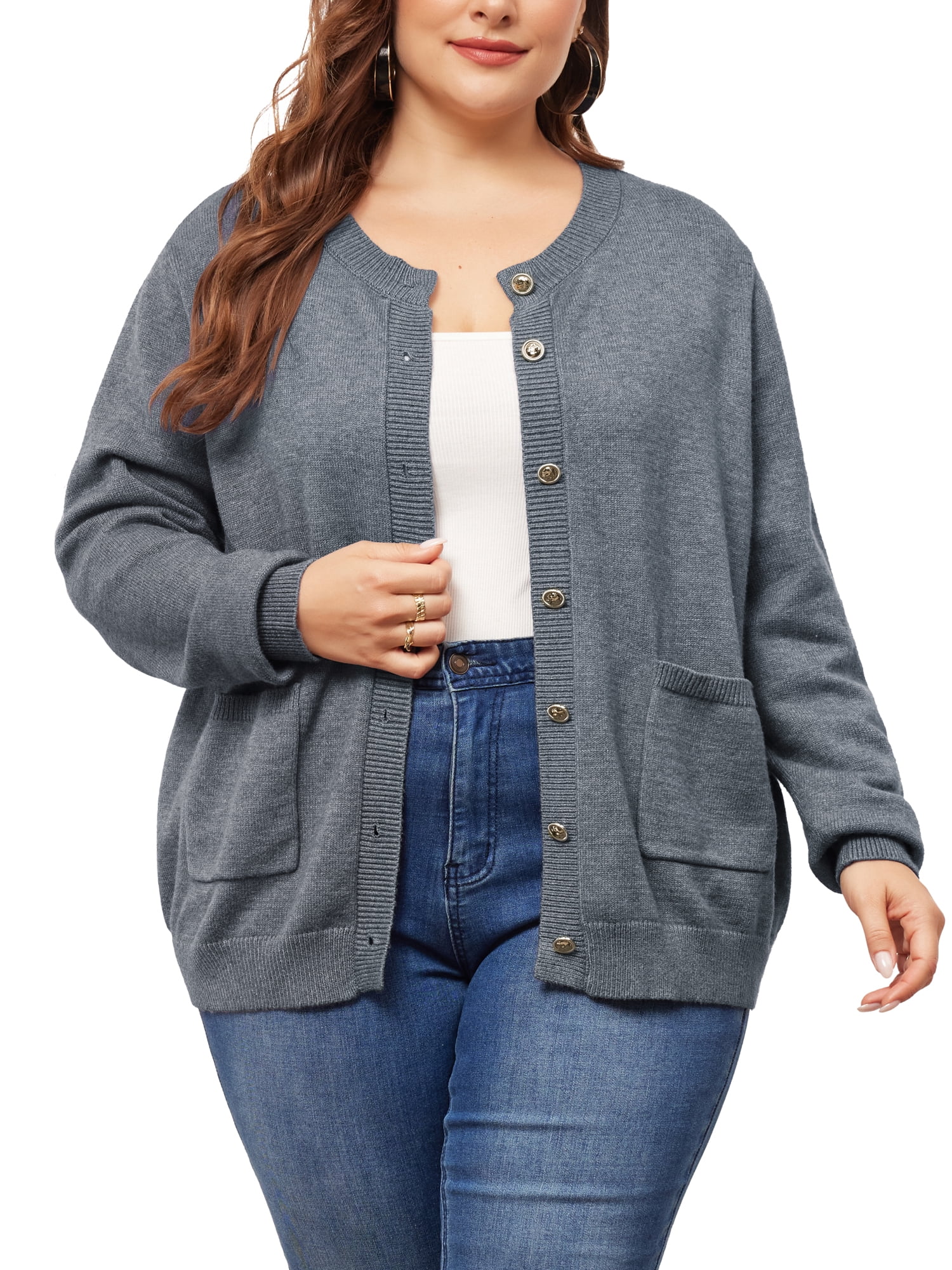 DARING DIVA Women's Plus Size Button Down Crew Neck Cardigan Sweater 1X Gray