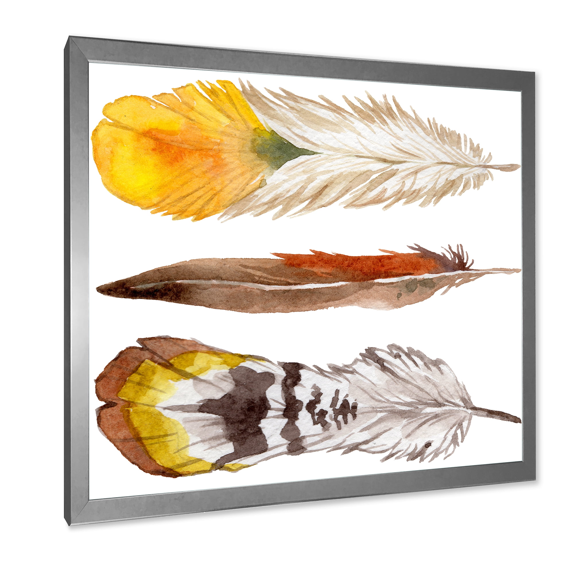 Designart 'Ethnic Yellow Feather From Wing On White' Bohemian & Eclectic Framed Art Print