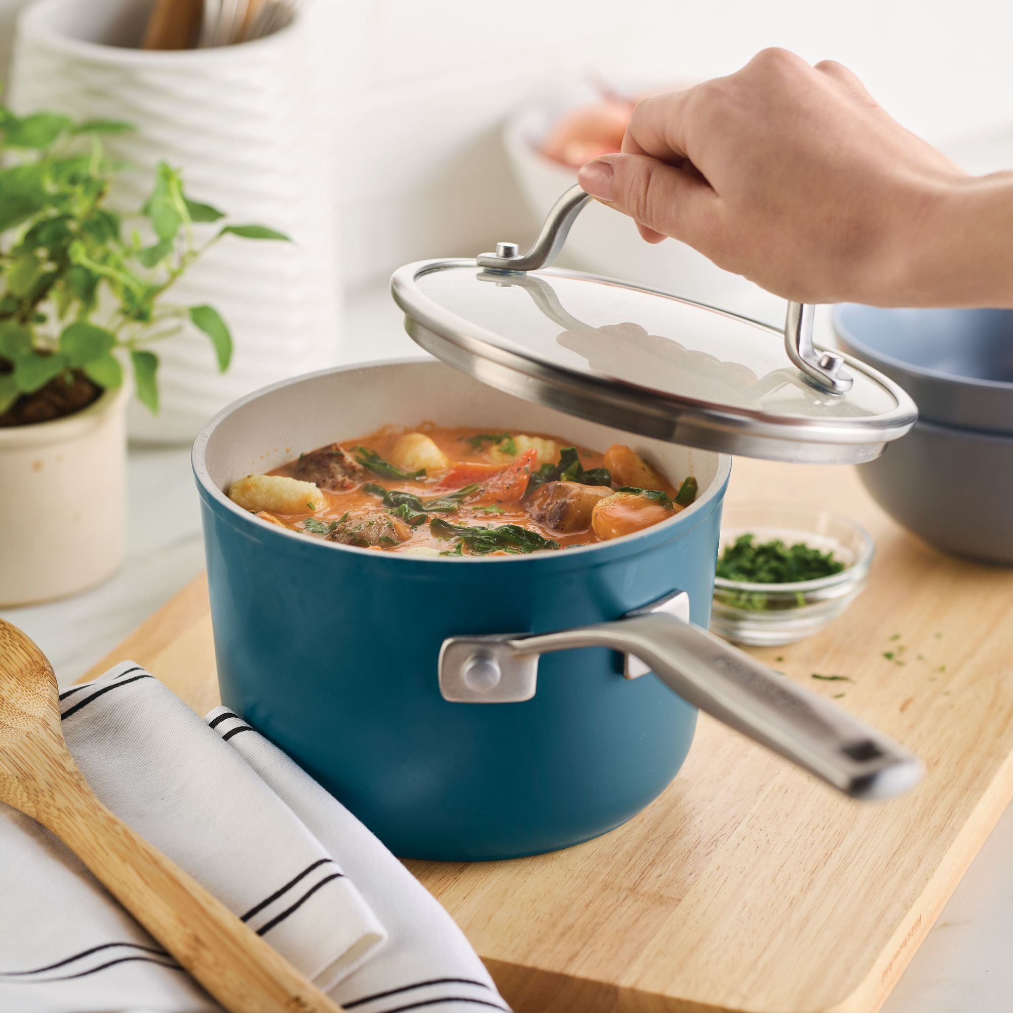 KitchenAid Hard-Anodized 2 Quart Ceramic Induction Saucepan with Lid, Dishwasher Safe and Oven Safe to 500°F, Agave Blue